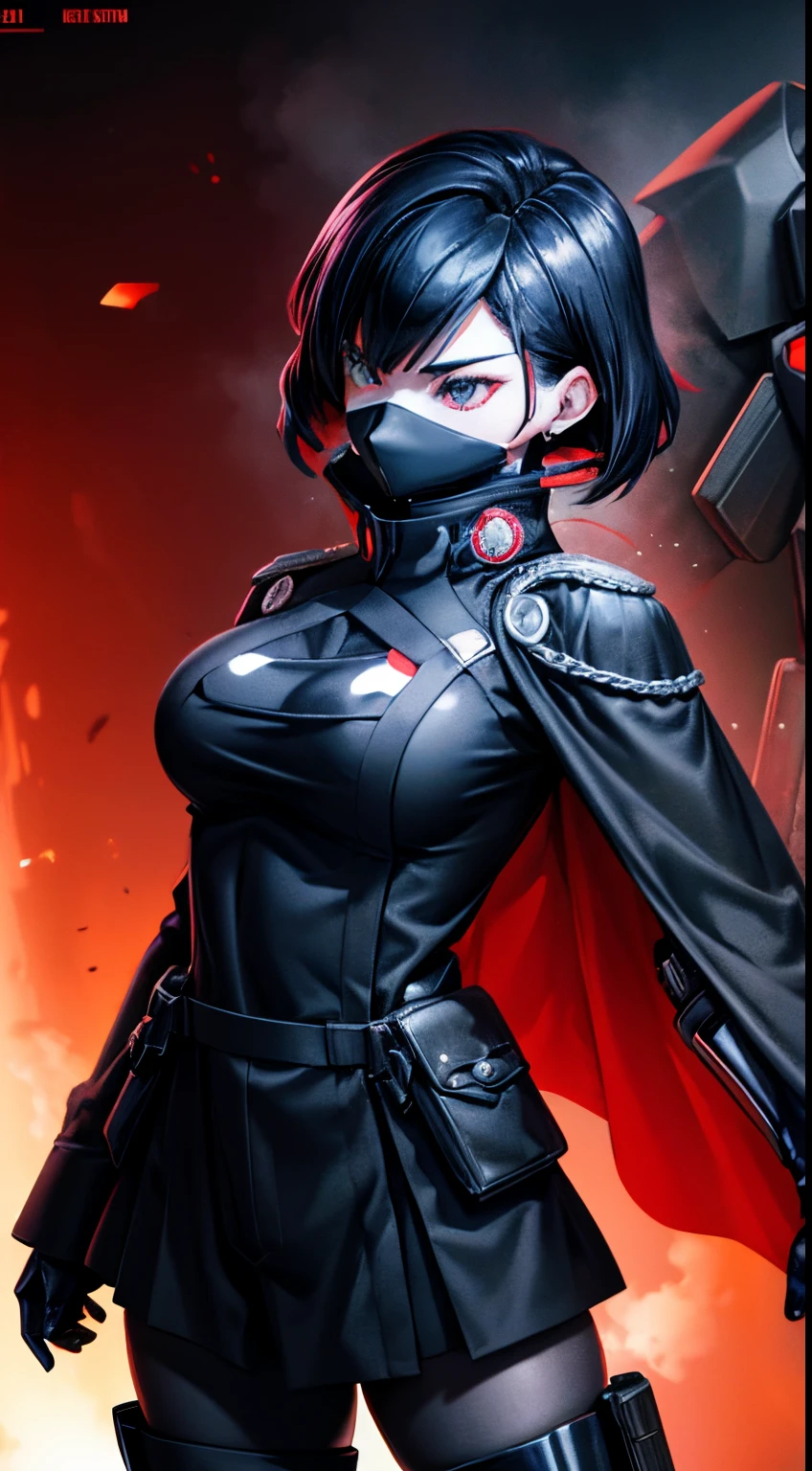 Anime,female, Blindfold,holster, black gloves, utility belt, black cape, black PONYTAILhair,exo suit,one mechanical arm ,black skirt, mechanical parts,special operator,black military tactical armor,cloaks,,latex suit with robotic limbs, in a cyberpunk setting, cyborg, implants, high details,8k,sexy