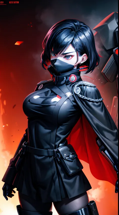 Anime,female, Blindfold,holster, black gloves, utility belt, black cape, black PONYTAILhair,exo suit,one mechanical arm ,black skirt, mechanical parts,special operator,black military tactical armor,cloaks,,latex suit with robotic limbs, in a cyberpunk sett...