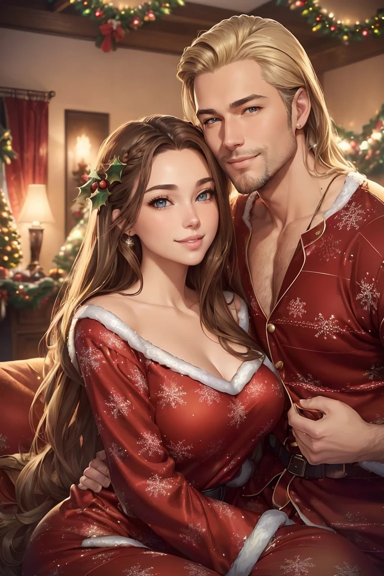 ((A smiling couple in love)), ((woman with long brown hair wearing Christmas pajamas)), cuddling with ((a masculine man with short blonde hair and a full blonde beard wearing Christmas pajamas)), blue eyes, hair with many details, 8k artgerm bokeh, fanart best artstation, render photorealistic, guweiz-style art, inspired by WLOP, ig model | artgerm, detailed waist up portrait, stunning wait up portrait of realistic face, beautiful waist up portrait, deviantart artstation cgscosiety, cinematic realistic portrait, high quality portrait, elegant digital painting, photorealistic artstyle, ((Christmas living room background)), ((looking at the camera))