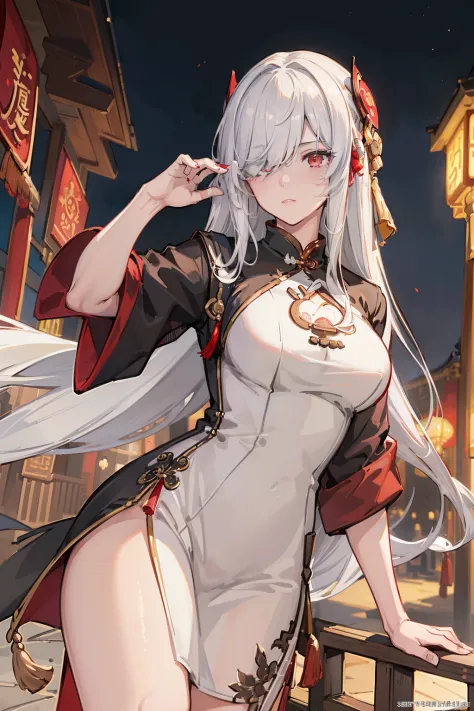 (best quality:1.3), (masterpiece:1.3), (illustration:1.3), (ultra-detailed:1.3), ((Best quality)), 1girl, white hair, (((china dress))), large breasts, red eyes, long hair, hair over one eye, outdoors, Chinese, night