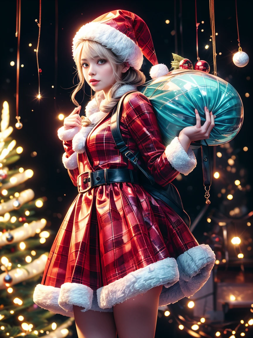 christmas，(1 girl wearing transparent glowing Christmas costume，Wearing a transparent glowing backpack)，(Holding a beautiful Christmas wreath)，Standing in Christmas decorated room