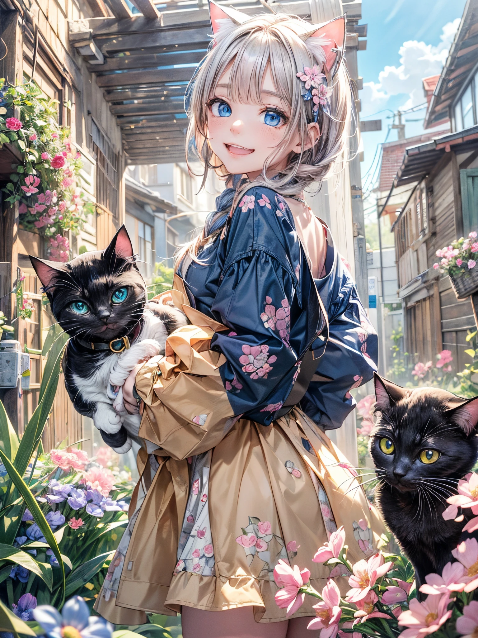 absurderes, ultra-detailliert,bright colour,(8K:1.5),masuter piece,Bright scenery、For that, blue open sky、extremely beautiful detailed face and eyes,(Cat personification:1.4)、(Deep Blue Eyes:1.4) Valley、Pink skin、Summer morning、A back alley with lots of flowers blooming、(Cat Pose),(Too cute smile:1.3)、double tooth,