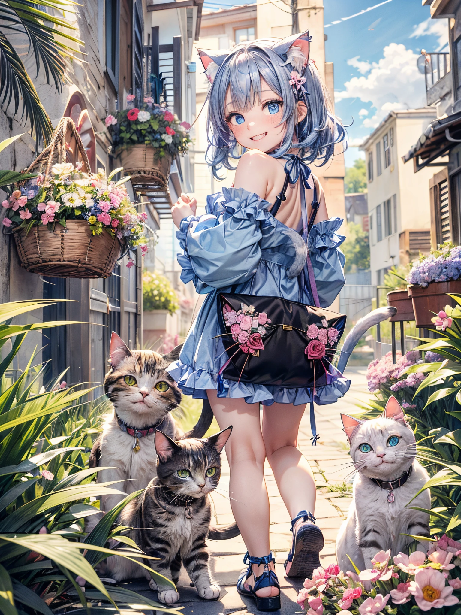 absurderes, ultra-detailliert,bright colour,(8K:1.5),masuter piece,Bright scenery、For that, blue open sky、extremely beautiful detailed face and eyes,(Cat personification:1.4)、(Deep Blue Eyes:1.4) Valley、Pink skin、Summer morning、A back alley with lots of flowers blooming、(Cat Pose),(Too cute smile:1.3)、double tooth,