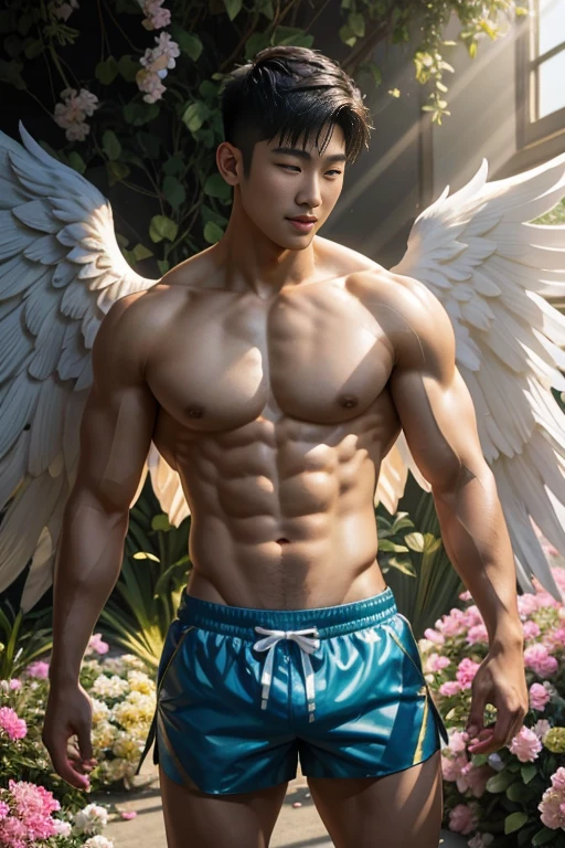 Schöner Engel umgeben von Blumen，Asiatische männliche Berühmtheit，Sportstudent，cooler Typ，Brustmuskel，Unsterbliches Aussehen，Bürstenschnitt，nackt，massive angel wings，Shorts aus Tüll，goldene Sonnenstrahlen，Geheimnisvolles Licht，Ein oberflächliches Lachen