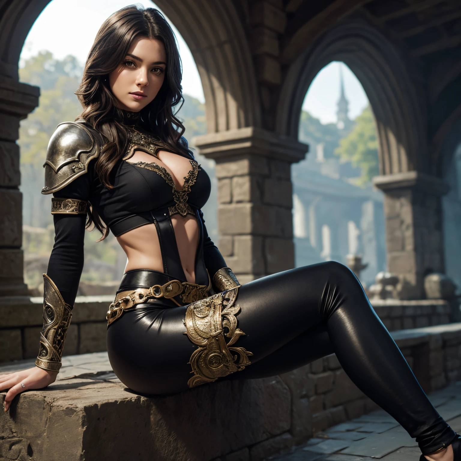 ((la mayor calidad posible)), ((Escenario de fantasía de Baldur&#39;s Gate)), Bella mujer vestida con un intrincado traje negro de fantasía que cubre todo su torso. ((leggings brillantes que cubren sus piernas))