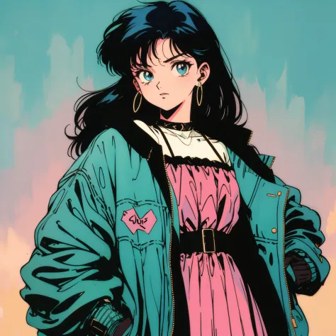 Anime Girl, 90s Anime, vintage classic anime aesthetic, Jacket, Fashionable, Dress, jacket over dress,cyberpunked