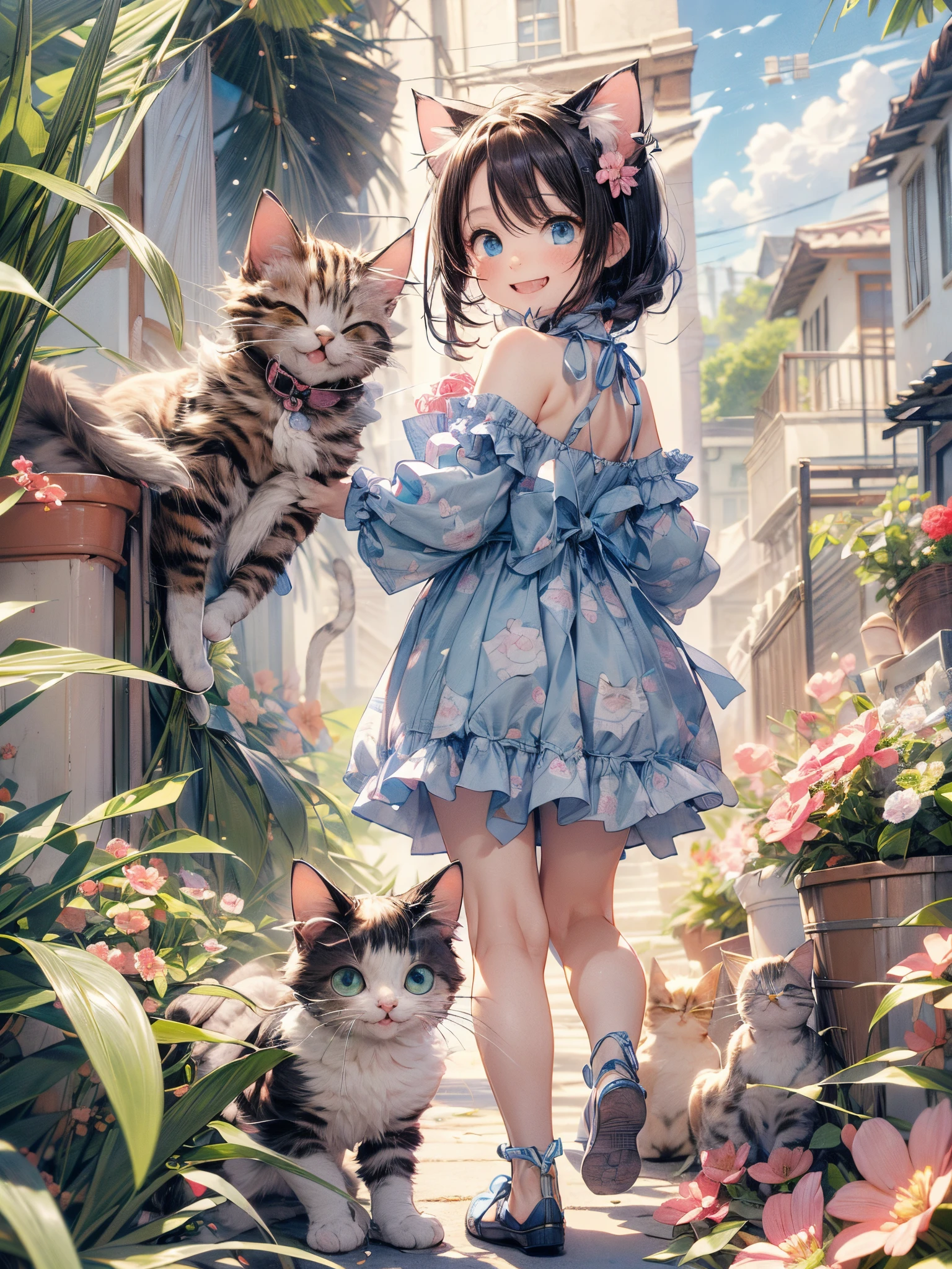 absurderes, ultra-detailliert,bright colour,(8K:1.5),masuter piece,Bright scenery、For that, blue open sky、extremely beautiful detailed face and eyes,(Cat personification:1.4)、(Deep Blue Eyes:1.4) Valley、Pink skin、Summer morning、A back alley with lots of flowers blooming、(Cat Pose),(Too cute smile:1.3)、double tooth,