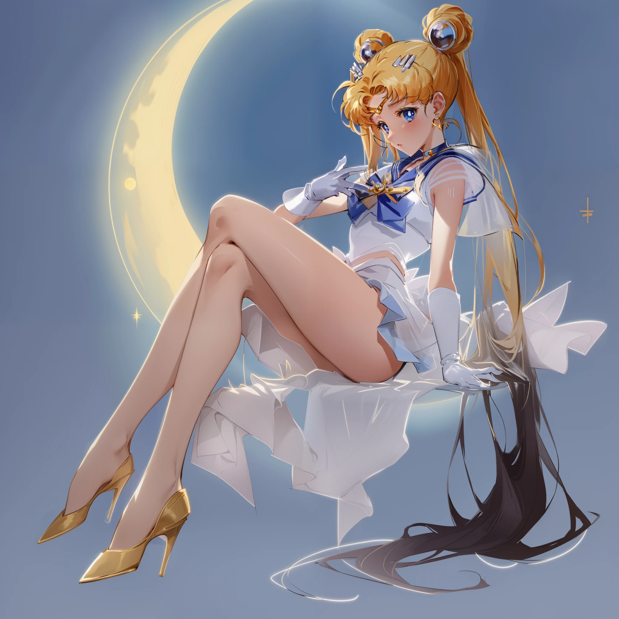 Une femme est assise sur une chaise，Dessin animé avec la lune en arrière-plan, Lune des marins. Le beau, la lune du marin!!!!!!!!, par Sailor Moon, déesse lunaire, style marin lune, dans le style de Ross Tran, guweiz, Sujets populaires sur cgstation, Krenz Kushat et Artgerm, lish et wop, Sujets populaires sur artstation pixiv