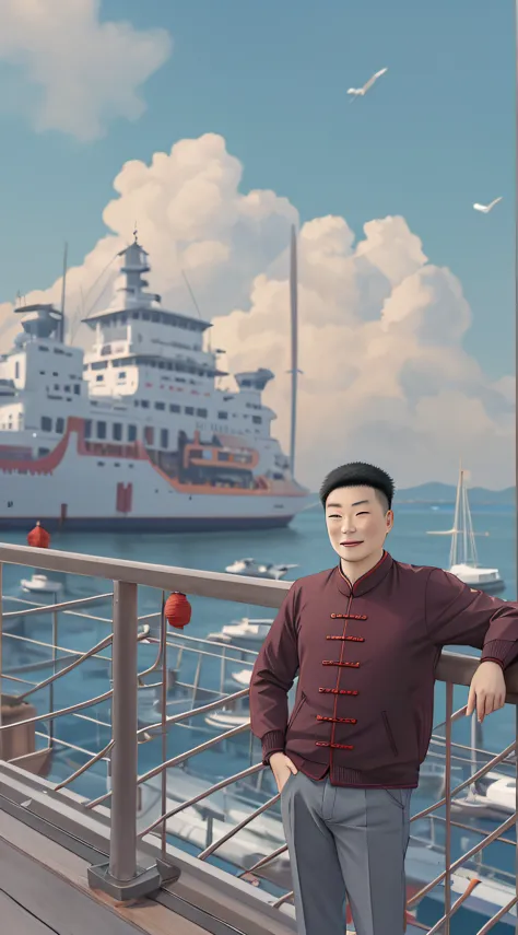 man in the harbor, epic, detailed, high quality, chinese man
