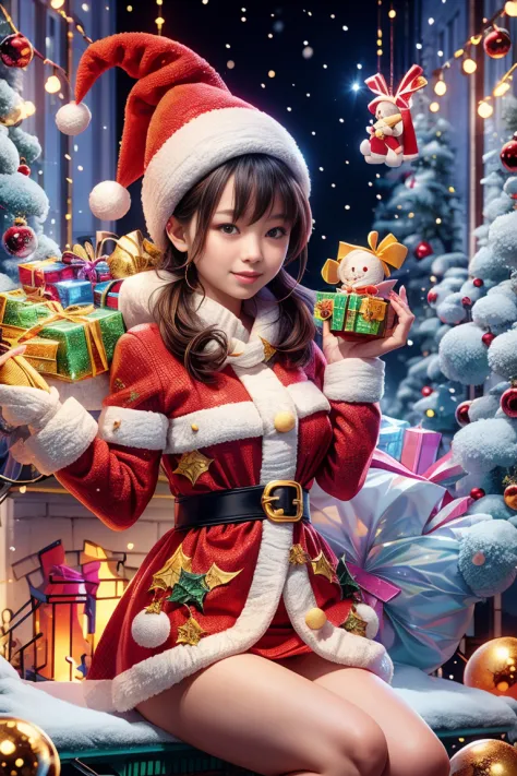 christmas, 1 cute and beautiful chinese girl wearing glowing traditional santa claus costume, holding a beautiful christmas wrea...