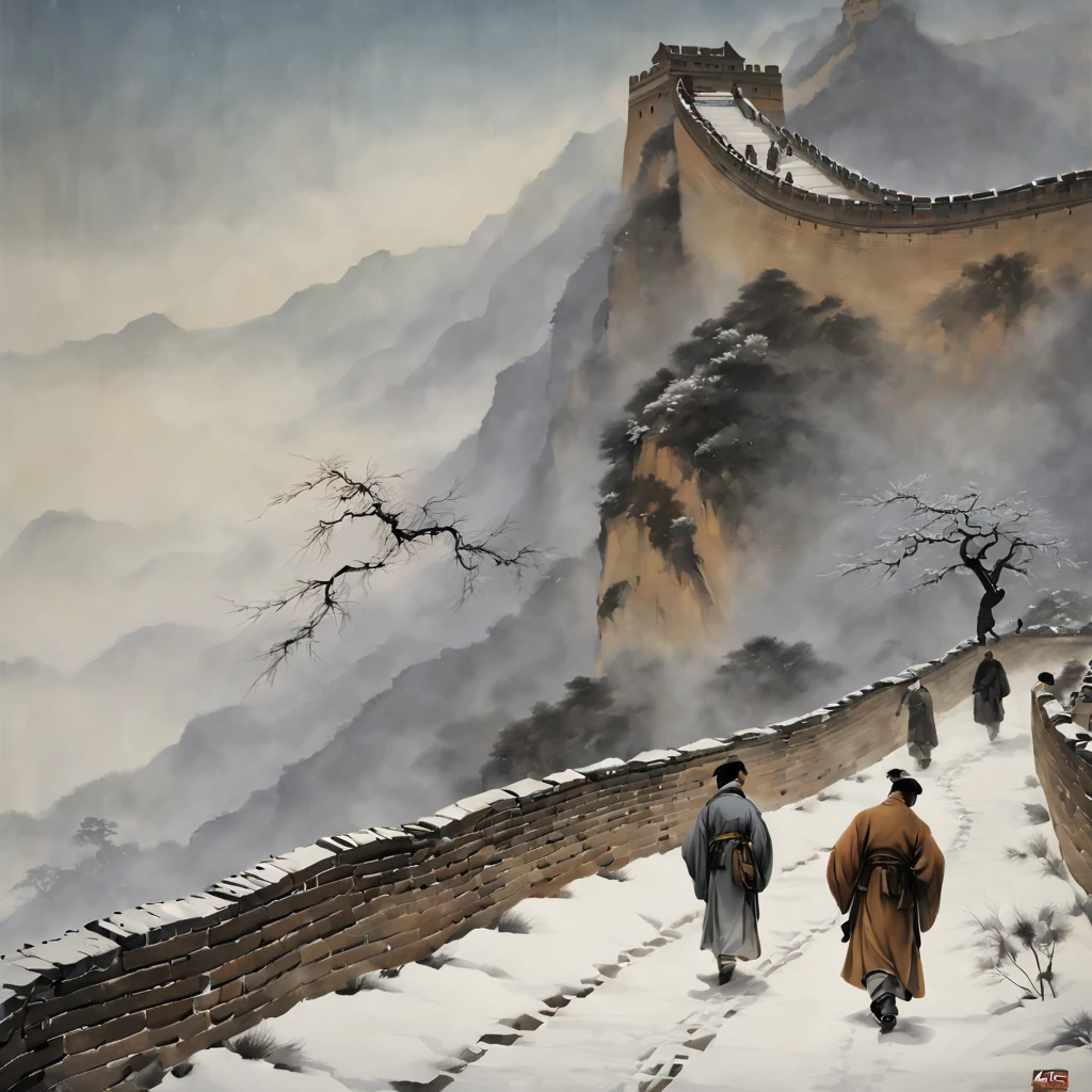 detailed ink,Chinese traditional ink painting,serene and calm atmosphere,winter scenery,long and winding Great Wall,gently falling snow,people in warm clothing walking on the Great Wall,impressive towers along the wall,subtle shades of gray and black,picturesque landscapes,traditional brushstrokes and ink washes,faint mist and haze enveloping the scene,ancient architectural structures,peaceful and tranquil ambiance,subtle hints of red and gold,painting-like texture,harmonious blending of traditional and modern elements,subtle moonlight shining on the Great Wall,ethereal and dreamlike quality,subtle reflection of the Great Wall in a nearby frozen lake,delicate bamboo and pine trees scattered along the wall,historical and cultural significance,persistent but gentle winter breeze,deep sense of history and heritage,faint footsteps echoing in the silence,poetic and introspective atmosphere,deep appreciation for nature's beauty and power.(best quality,4k,8k,highres,masterpiece:1.2),ultra-detailed,(realistic,photorealistic,photo-realistic:1.37),