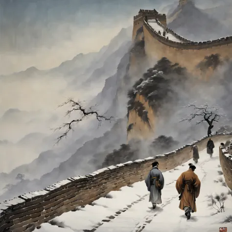 detailed ink,chinese traditional ink painting,serene and calm atmosphere,winter scenery,long and winding great wall,gently falli...