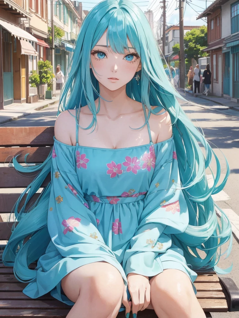 (masutepiece), (Best Quality), (Super Detail), (hair messy), (Illustration), (1girl in) (Long turquoise hair 1.5) (Blue eyes) (Long hair), (Stylish outfit), Fashion Model, looking at audience, (interview), ( Background), Beautiful detailed eyes, Delicate pretty face, sitting in a bench, (High color saturation), (Colorful glitter) , colorful bubble, (Glitter), Focus on the face
