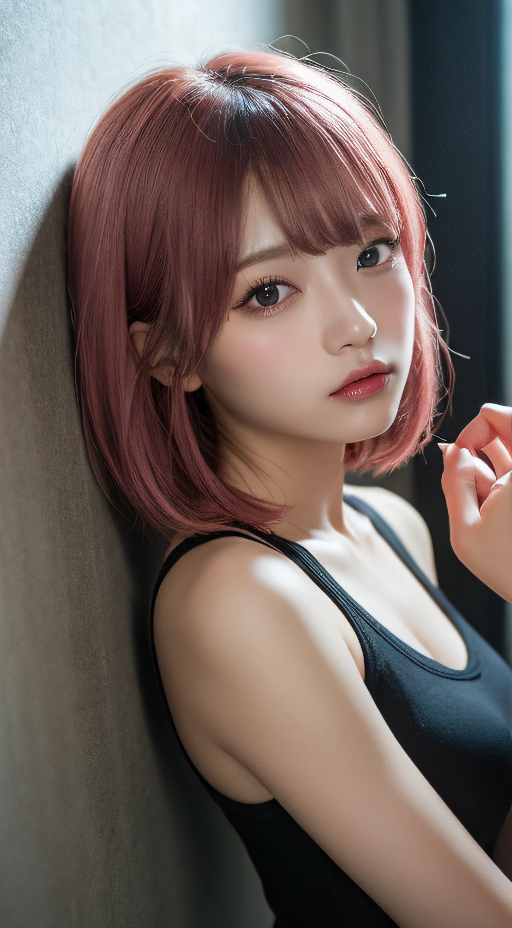 masutepiece, Best Quality, Illustration, Ultra-detailed, finely detail, hight resolution, in 8K,Wallpaper, Perfect dynamic composition, Beautiful detailed eyes, Black tank top,Short bob hair、Pink hair color,Big Natural Color Lip, Bold sexy poses,deadpan、cold stare,Harajuku、20 years girl、Cute、Sexy shot looking at camera、In a dark room、Sleeping on the bed