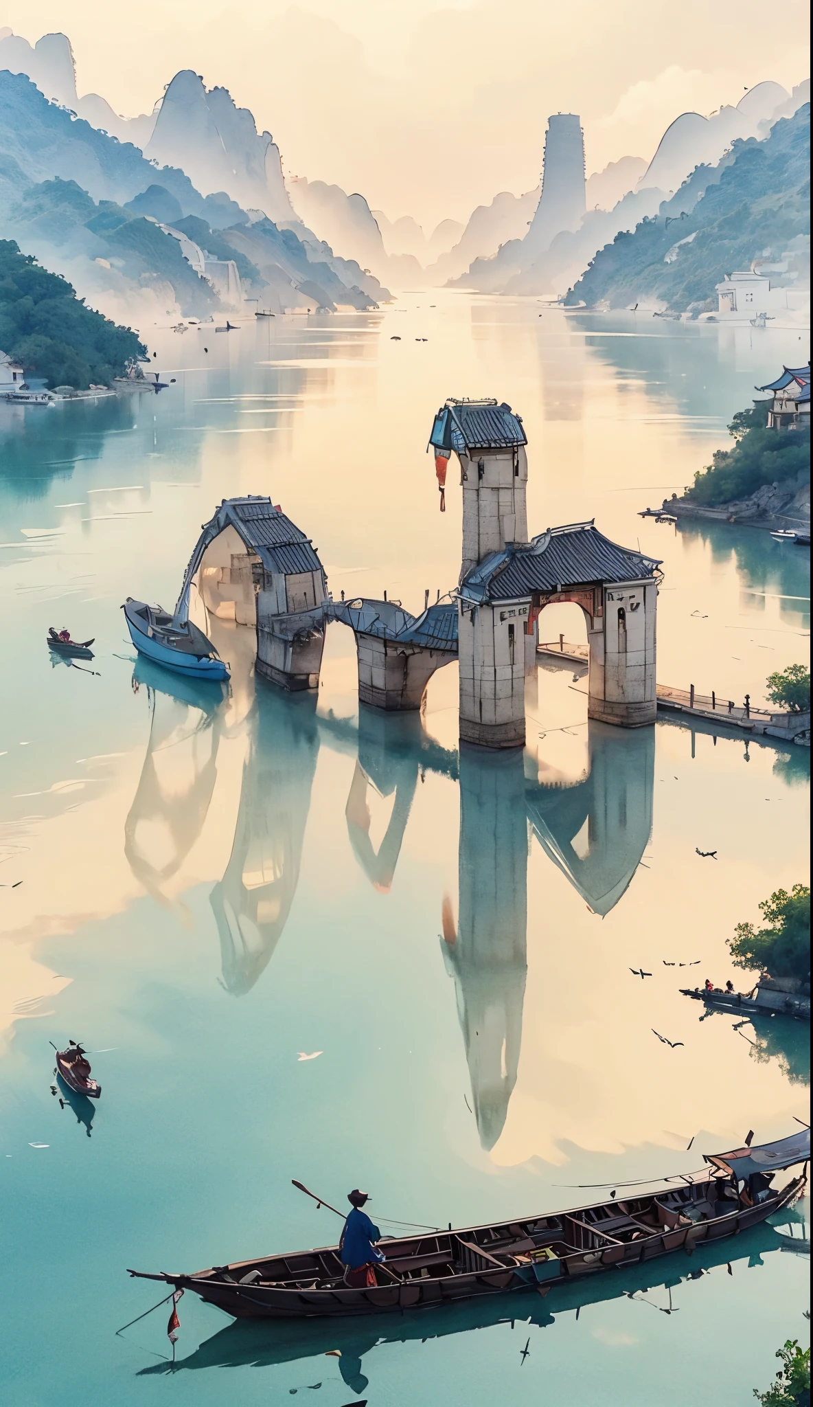 ( (8K:1.27), quality, tmasterpiece, 超高分辨率:1.2) ，Ink painting of ancient buildings on the island，the tower、that tree, Yang Jie&#39;s meticulous paintings, pixiv, Modern European ink painting, chinese watercolor style, highly detailed water colour 8 k, High detail watercolor 8K, Detailed 4K drawing of a boat carrying people on the lake,Hot topics on artstation,chinese watercolor style, chinese painting style, Dream Chinatown, chinese paintings, detailed painting 4 k, A beautiful artistic illustration, highly detailed water colour 8 k， (Beautiful wonderland:1.1)