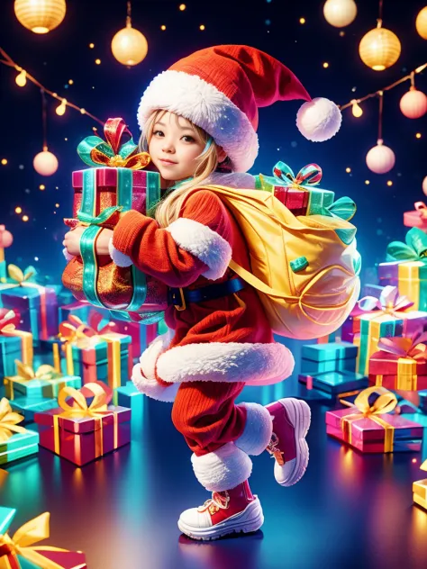 Christmas, a cute and beautiful Chinese girl wearing a glowing traditional Santa Claus costume, carrying a transparent glowing b...