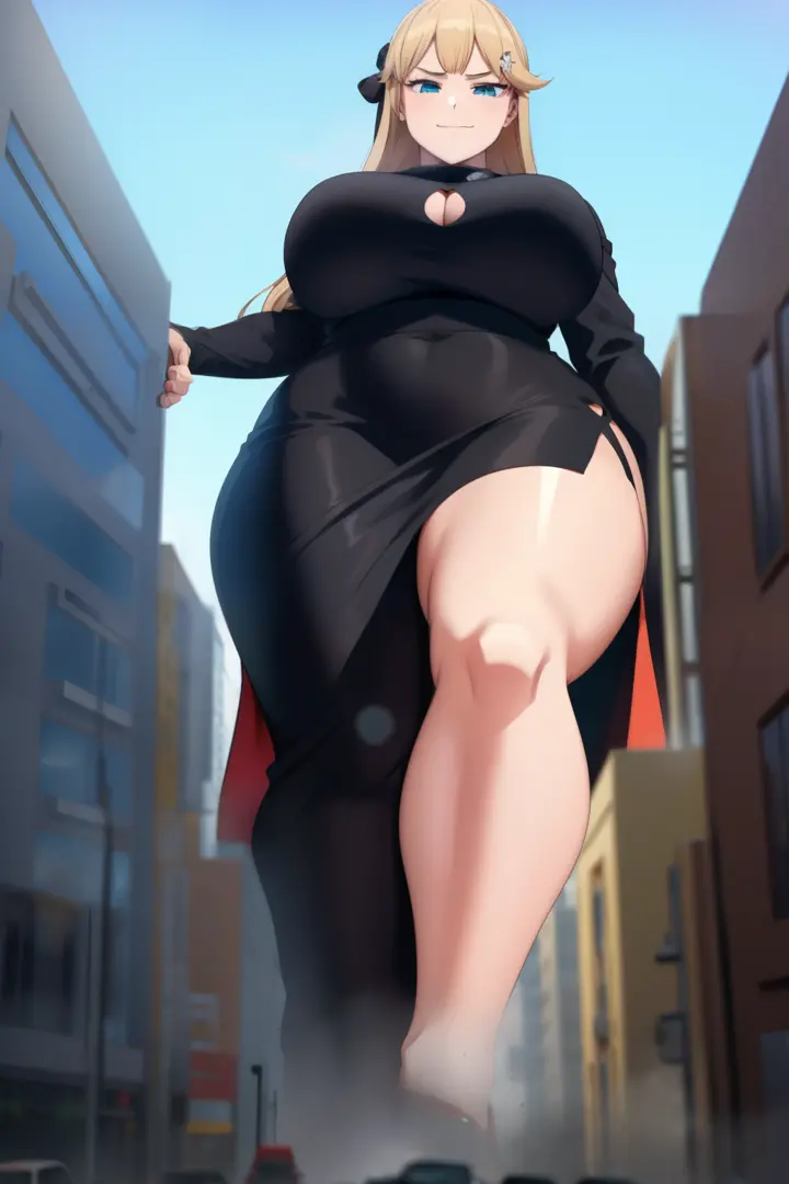 GTS, giantess, curvy, busty, smirk, evil, thick thighs, walking, stepping