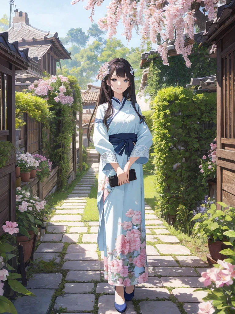 top-quality、4k wallpaper、​masterpiece、Highly Detailed CG Unity 8K Wallpaper Highly Detailed Eyes、ultra-detailliert、intricate-detail、、1girl in、looking at the viewers、outside of house、garden、background under flowers、