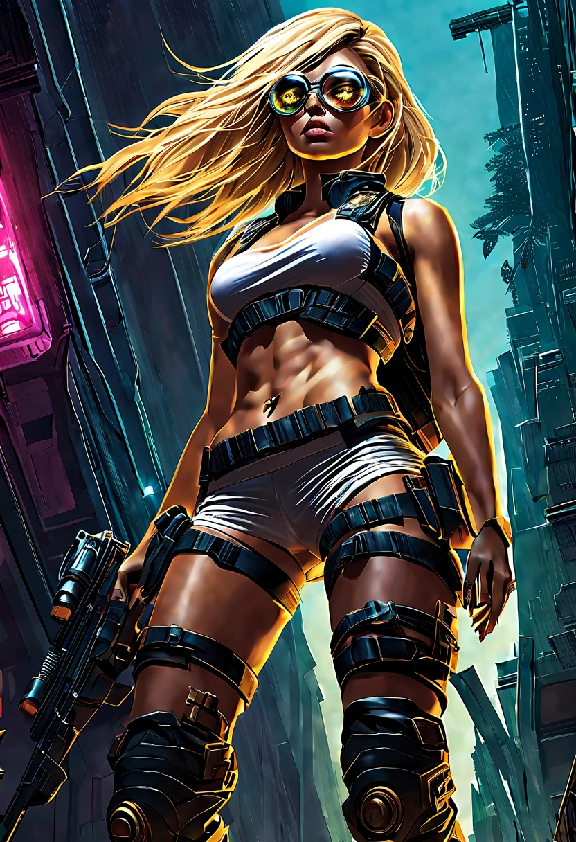 A ruined apocalyptic sci-fi city overgrown with alien plant life and strange alien monsters and animals, a busty beautiful young woman with tan skin and large bright hazel eyes with long lashes and cleopatra eyeliner, with a golden blonde hair, wearing a miniskirt and cut off tank top revealing the bottom of her breasts, round eye glasses, thigh high leather boots with stockings and a garter belt flashing a pair of silk panties, cyberpunk rifle slung over her shoulder, sci-fi backpack held on by straps across her chest, glaring at a monster in the far distance, side ponytail, Hyperrealism, masterpiece, best quality, 16k, anatomically correct, super detail, award winning