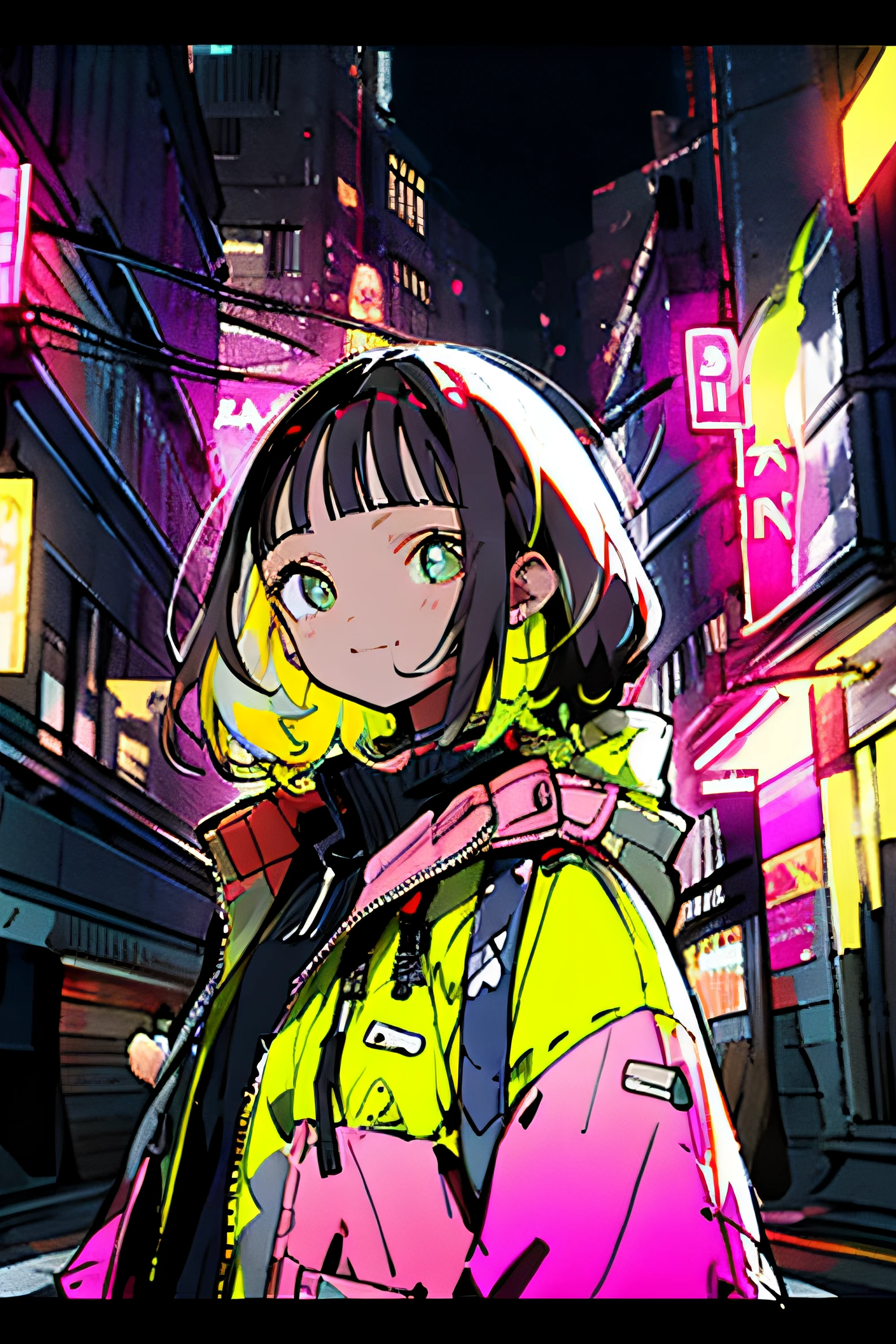 masterpiece, best quality, 1girl, city pop, night, neon light, looking at another, upper body, vector illustration, jacket, light smile, blunt bangs, long hair