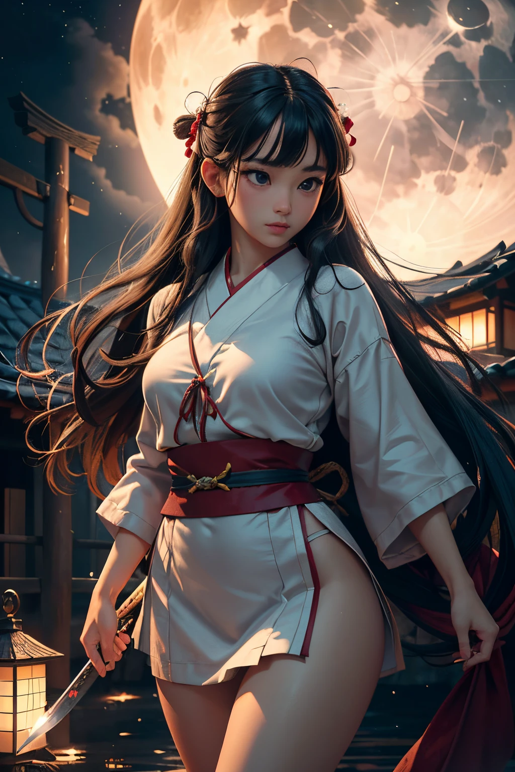 (8k, best quality, masterpiece:1.2), (sfw:1.3), (realistic, photo-realistic:1.37), 1 beautiful girl, full body, sexy body, japanese style clothes, mini skirt, long hair, ribbons in her hair,old japanese village, night, fullmoon, moonlight, fire, holding a sword, fantasy, floating hair, raining,