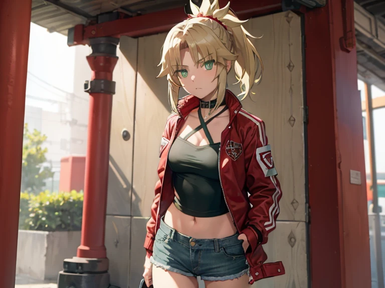 modred, (green eyes:1.5), blonde hair, ponytail, short hair, scrunchie, red scrunchie, hair scrunchie, denim, denim shorts, jacket, midriff, navel, red jacket, short shorts, shorts, tube top, red line white top, strap gap, looking at viewer, confused face