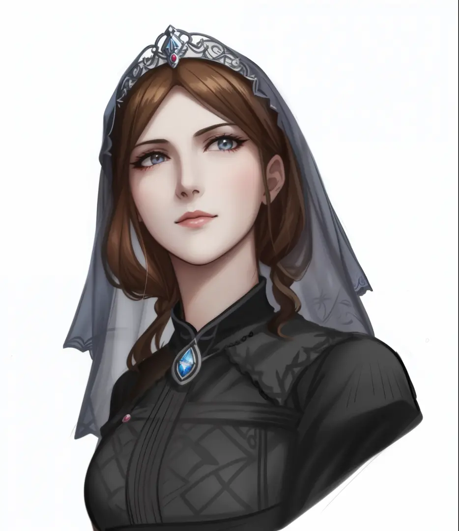 a drawing of a woman in a veil and a tia, cattie - brie of mithril hall, inspired by Thyrza Anne Leyshon, detailed character por...