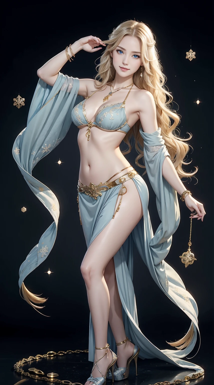 25-year-old Caucasian woman、ash blonde、blue eyess、Semi-long、setting hair、I'm tying my hair、My hair is wavy、Slender but thin macho、accessories on the wrist、wearing a chain necklace、Beautiful breasts、a smile、I need space above my head、wearing an ornate belly dance costume、Wearing high heels、Snowflakes are falling all over the screen、background art nouveau