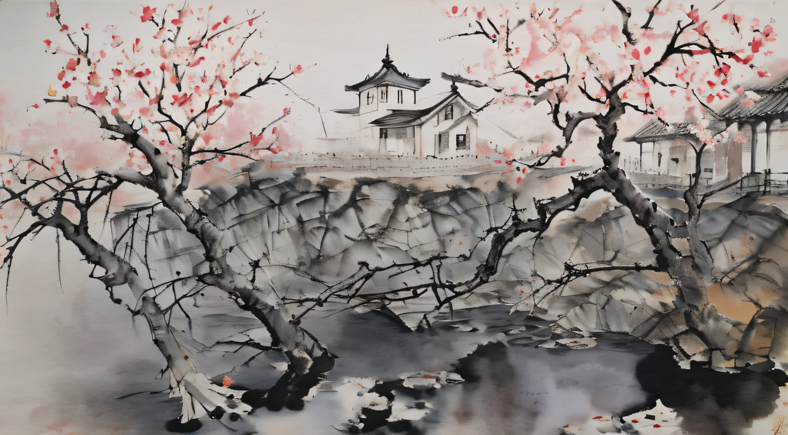 A plum tree bloomed，Ink painting and watercolor，Small yard，China ink painting，red and dark gray，