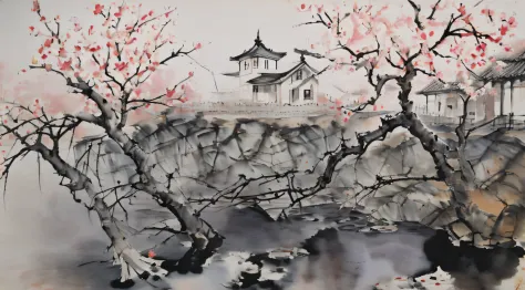 a plum tree bloomed，ink painting and watercolor，small yard，china ink painting，red and dark gray，