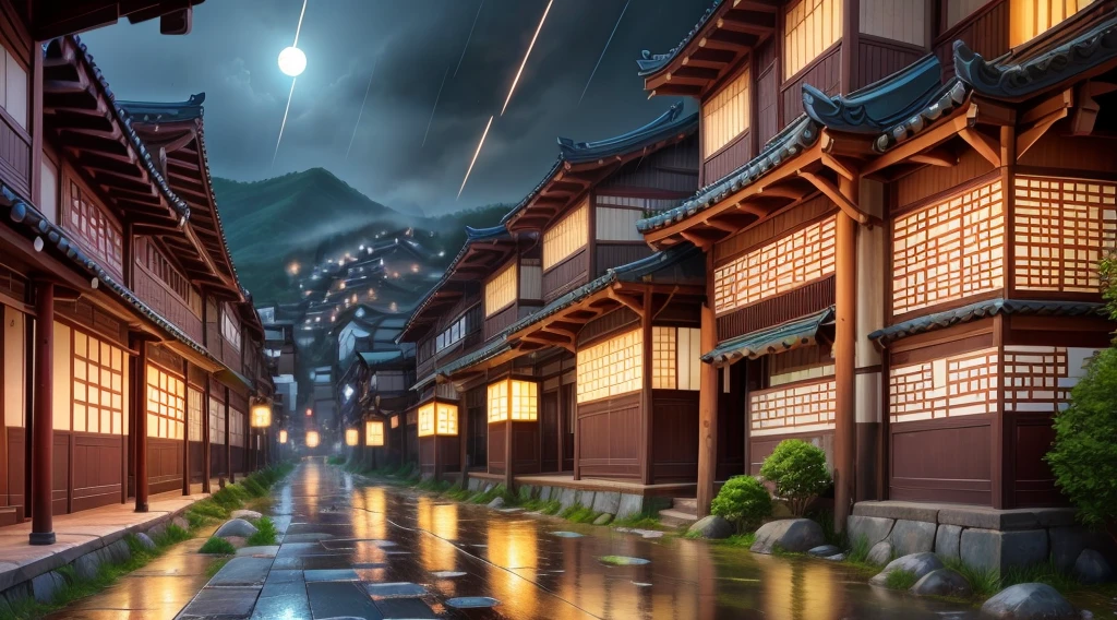 arafed view of a village with a lot of lights on the buildings, dreamy chinese town, chinese village, amazing wallpaper, japanese town, japanese village, hyper realistic photo of a town, old asian village, japanese city, by Raymond Han, rainy evening, cyberpunk chinese ancient castle, beautifully lit buildings, at evening during rain, beautiful and aesthetic, photography, cinematic, 8k, high detailed ((Heavy rain)))