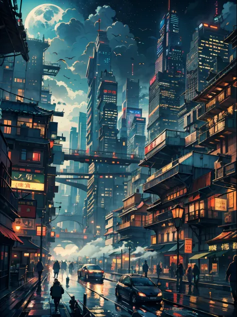 Very large flying ship、Lots of clouds,beautiful fog,starrysky、Moon,Chaotic city of the future、Movie dystopia、A group of very tall skyscrapers stands in the center、Very complex cityscape,Crowded Chinese skyscrapers、street signs、streetlights、taxiuses、Train、P...