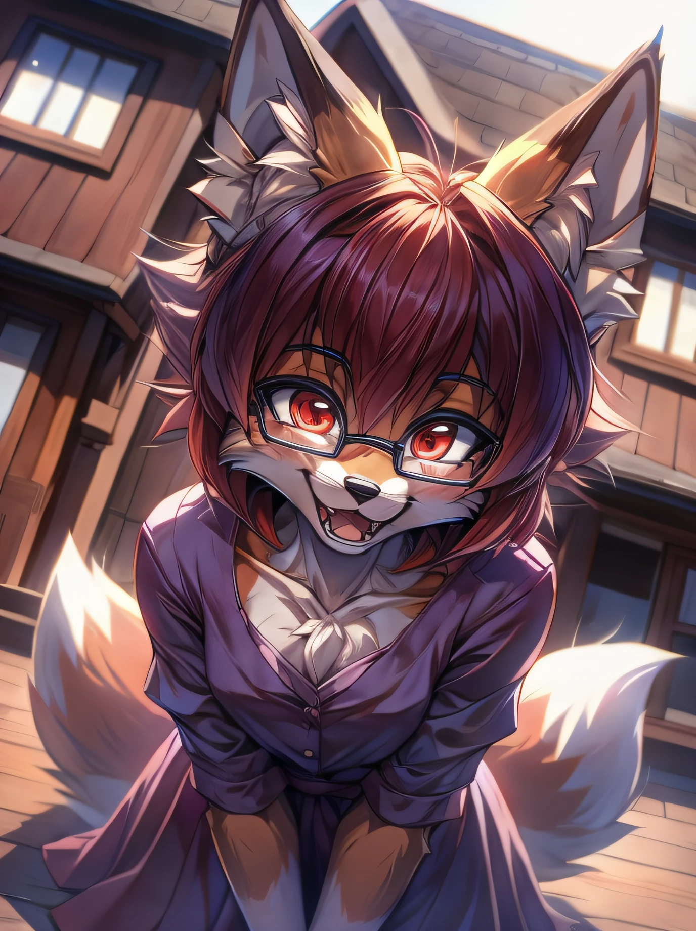 fox furry girl with short red hair, fluffy hair shy, beautiful red eyes, wearing glasses,  very  fluffy tail, , 17 years old, happy , happy mouth, young body, Good girl, wearing a cute purple modest cute outfit, leaning over, cheering,  in front of a house, being adorable, proud girl, wanting to be loved, low perspective, back perspective