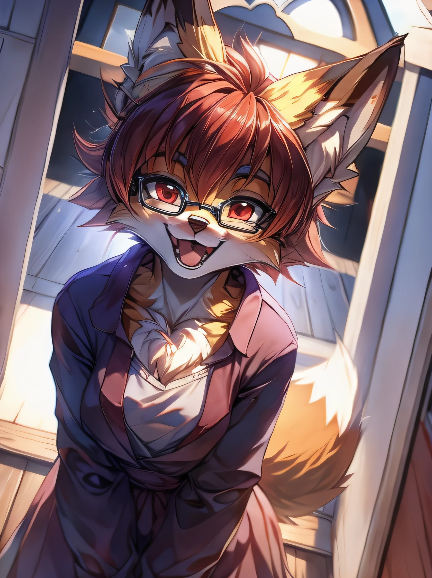 fox furry girl with short red hair, fluffy hair shy, beautiful red eyes, wearing glasses,  very  fluffy tail, small chest, 17 years old, happy , happy mouth, young body, Good girl, wearing a cute purple modest cute outfit, leaning over, cheering,  in front of a house, being adorable, proud girl, wanting to be loved, low perspective, back perspective