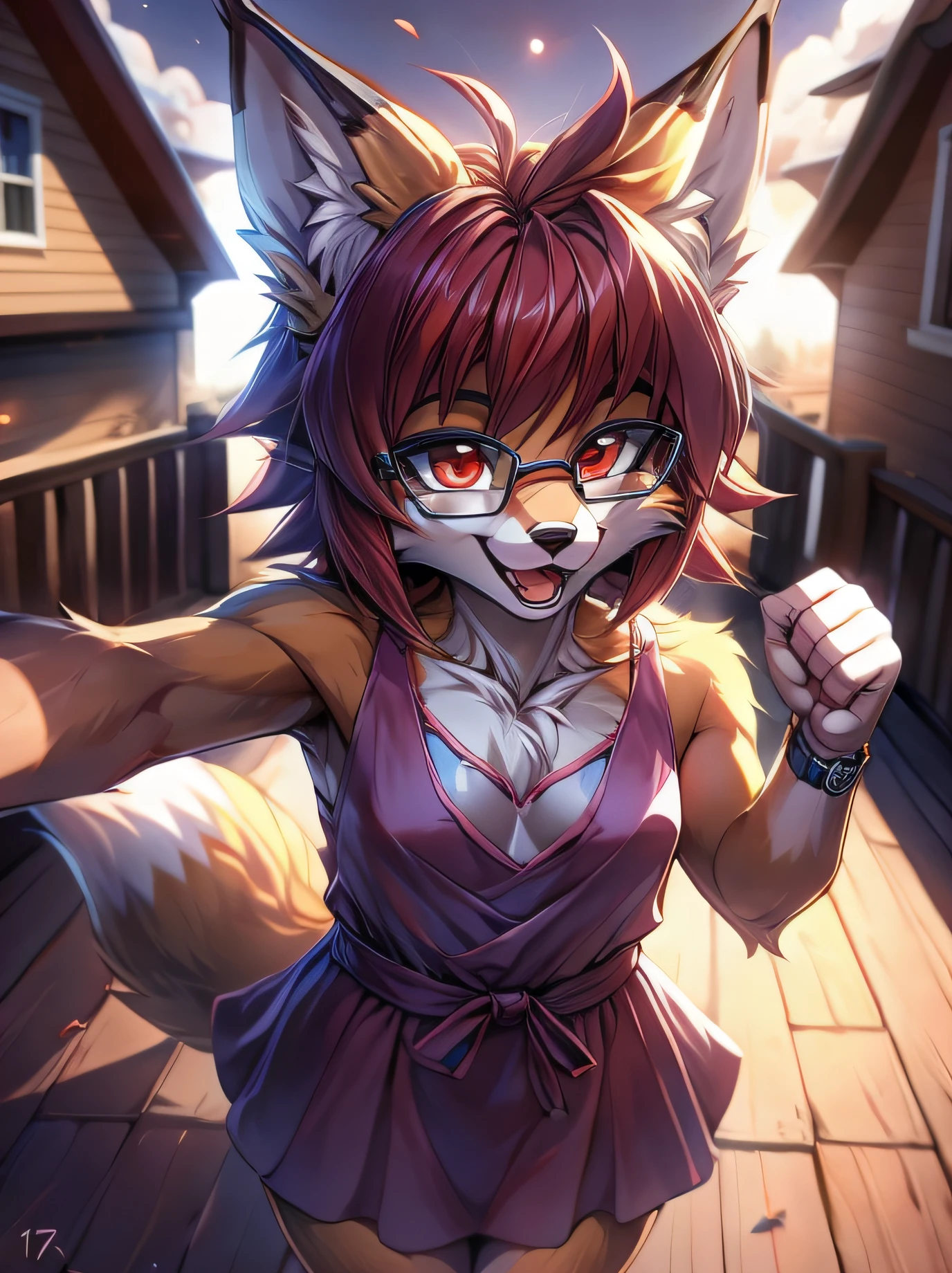 fox furry girl with short red hair, fluffy hair shy, beautiful red eyes, wearing glasses,  very  fluffy tail, small chest, 17 years old, happy , happy mouth, young body, Good girl, wearing a cute purple modest cute outfit, leaning over, pointing at a watch,  in front of a house, being adorable, proud girl, wanting to be loved, low perspective, back perspective