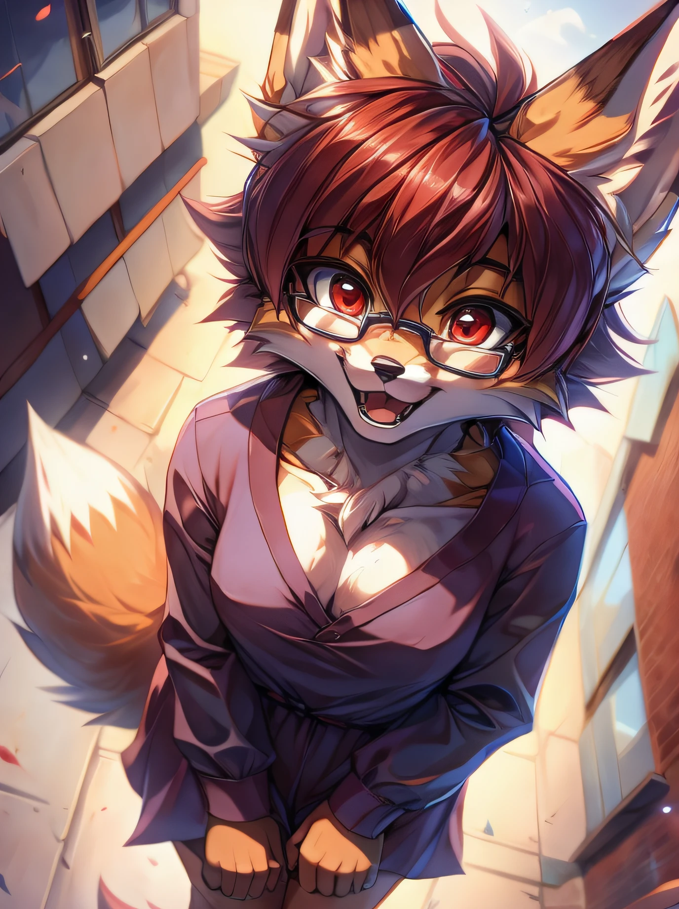 fox furry girl with short red hair, fluffy hair shy, beautiful red eyes, wearing glasses,  very  fluffy tail, , fluffy chest, 17 years old, happy , happy mouth, young body, Good girl, wearing a cute purple modest cute outfit, leaning over, walking in the streets, being adorable, proud girl, wanting to be loved, low perspective, side perspective