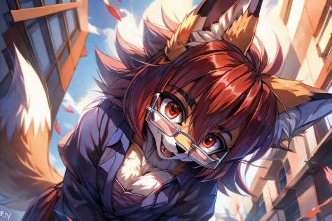 fox furry girl with short red hair, fluffy hair shy, beautiful red eyes, wearing glasses,  very  fluffy tail, small chest, fluff...