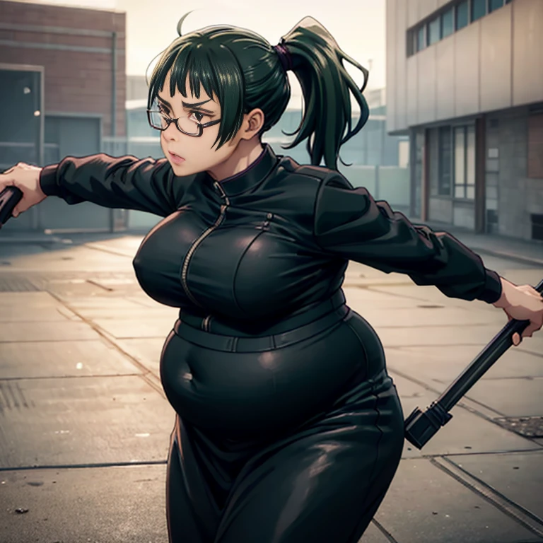 art by kipteitei, 1girl, dark green hair , hair in pony tail, maki zenin from the anime jujutsu kaisen, big plump belly, huge belly, pretty face, nose, lips, beautiful eyes, circle glasseest quality, masterpiece, 4k, sharp focus), professional photograph, sharp focus, dramatic, award winning, cinematic lighting, octane render, unreal engine, volumetrics dtx,