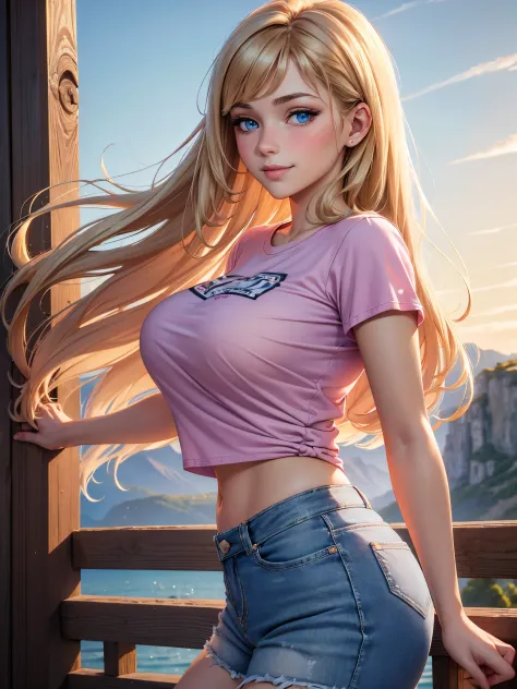 (masterpiece, best quality:1.4), (8K), Young brunette beauty, (((18 years old, neat girl))), detailed blue eyes, long eyelashes, blush, kind smile, upper body, covered large breasts, (pink t-shirt), denim short shorts, (from side), (looking at viewer), beautiful blonde hair, white-skinned, long hair, parted bangs, (huge breasts), (valley, beautiful and magnificent skyline, majestic sky), colorful natural light)