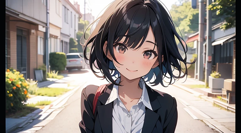 Anime style, Film Portrait Photography, 1girl in, a smile, A dark-haired, Short bob hair, Wearing an OL suit, Calm, (Natural skin texture Vibrant details, hyper realisitic,
