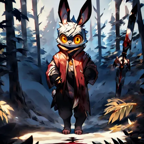 ( white male bunny) (cold and unsettling stare) ( covered in blood) ( Holding one weapon) ( walk through the cold mountain) ( ye...