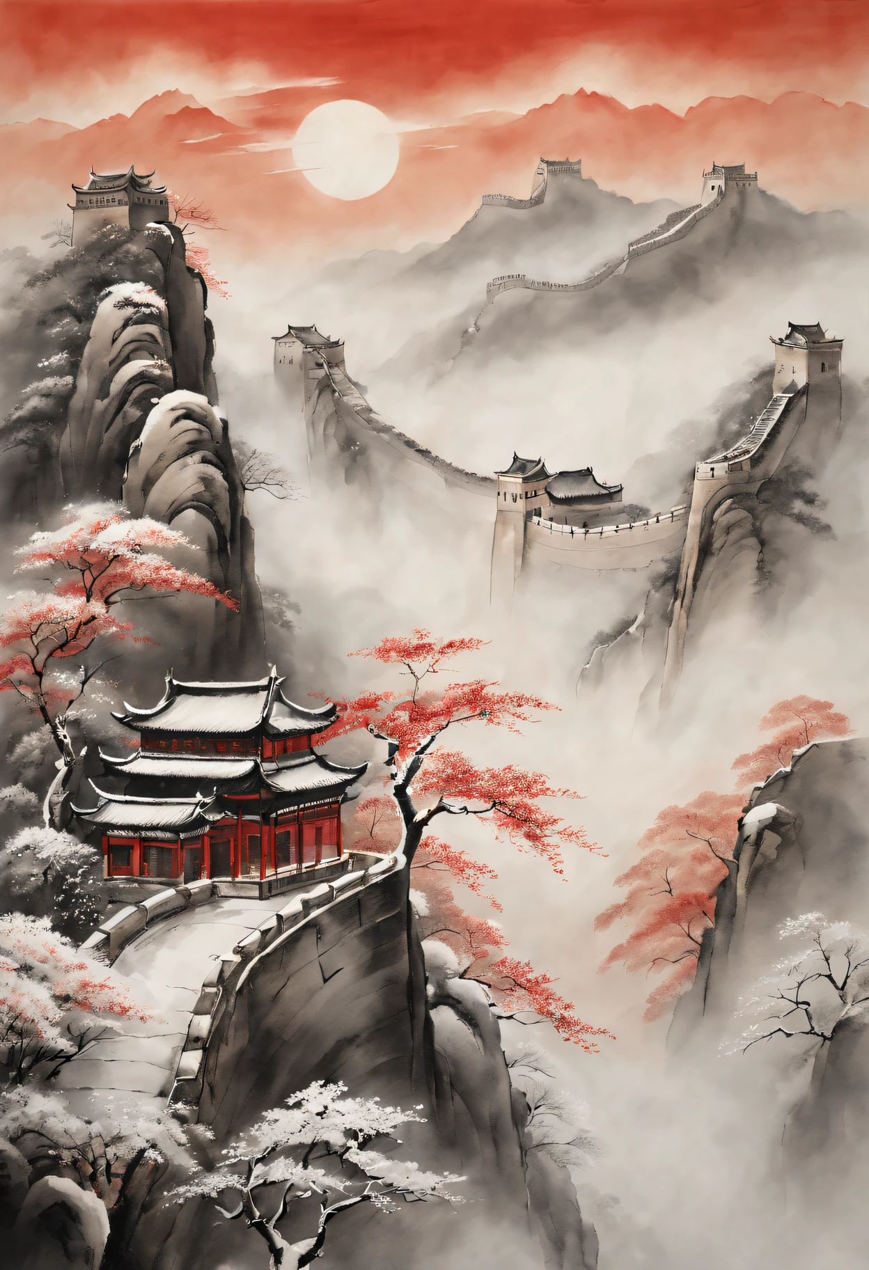 Peinture à l&#39;encre de Chine traditionnelle,des merveilles d&#39;hiver,lever du soleil tôt le matin,La Grande Muraille sinueuse,Tons subtils de gris et de noir,chaînes de montagnes majestueuses,Arbres couverts de neige,Une légère brume enveloppait toute la scène,Ambiance paisible et tranquille,des notes de rouge et d&#39;or,éléments naturels,coups de pinceau délicats,ÉthéréeBeauté,contraste noir et blanc,composition harmonieuse,détails exquis,Beaux mouvements,tranquillité sublime,réponse artistique,Beauté sublime,profondeur infinie,Un savoir-faire artistique exquis,Esthétique ancienne,Résonance spirituelle,Peinture à l&#39;encre traditionnelle,Sceau rouge signé.