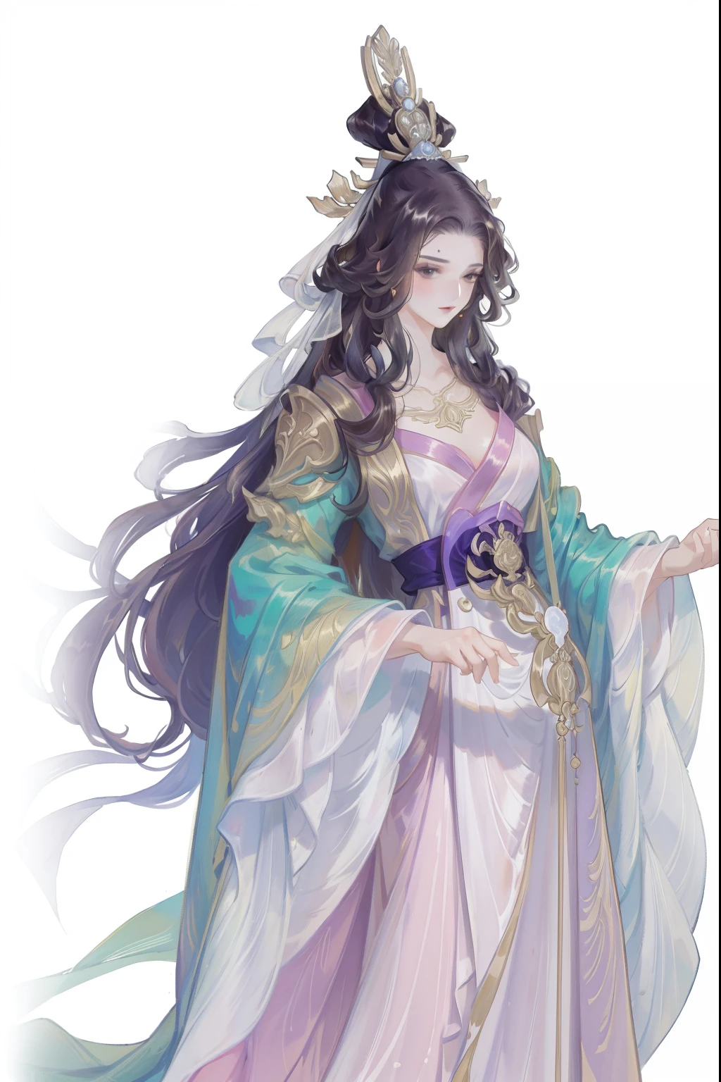 (((tmasterpiece, Best quality, 超高分辨率, CG unified 8K wallpaper, Best quality at best, ultra - detailed, ultra HD picture quality))), 1 girl, cabelos preto e longos, game fairy, Golden clothes, Hanfu, yarn, flowing gauze, Nice face, beautidful eyes, Beautiful hairstyle, Beautiful costumes, Structurally sound