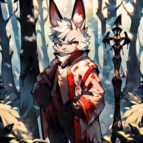 ( male white bunny)  ( white cloak with golden on it ) ( forest cover in snow  )  ( holding a staff) ( covered in blood) ( death...