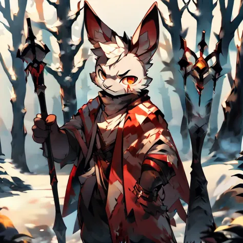 ( male white bunny)  ( white cloak with golden on it ) ( forest cover in snow  )  ( holding a staff) ( covered in blood) ( death...