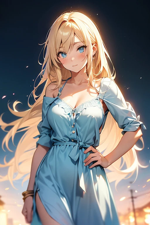 Anime style, Film Portrait Photography, 1girl in, 30-years old, full bodyesbian, large full breasts, A sexy, Golden hair, Longhaire, Blue eyes, Wearing a light blue dress, (Natural skin texture Vibrant details, hyper realisitic,