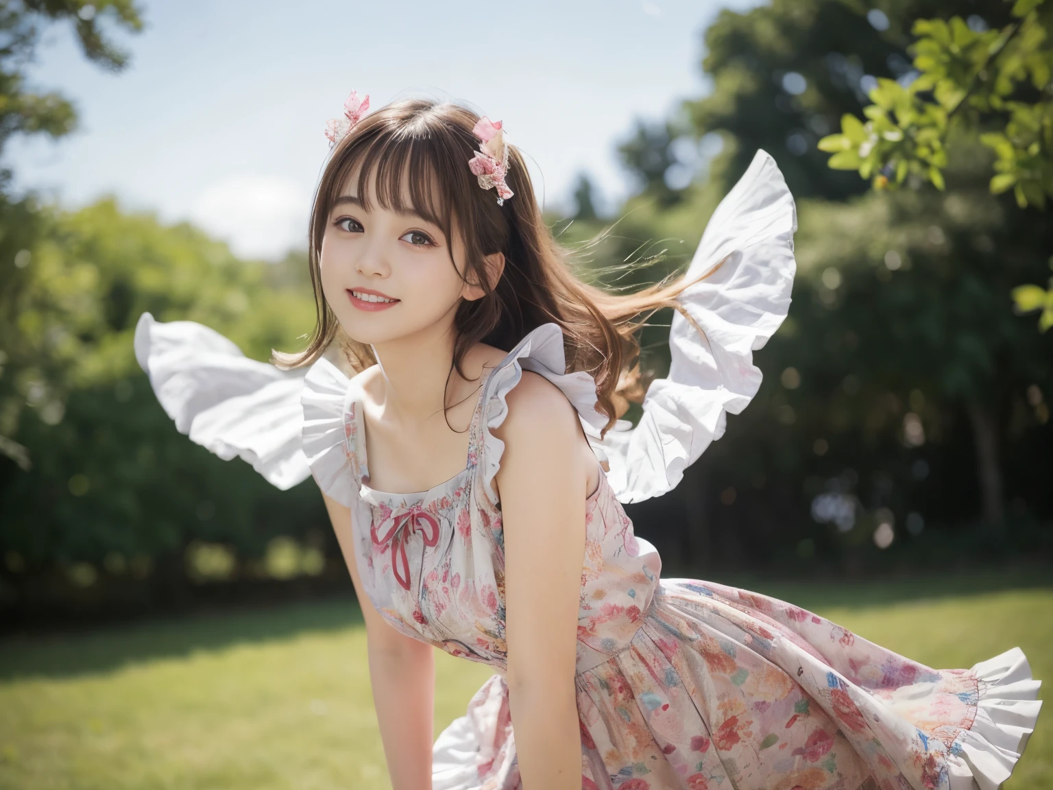 Adorable, 14years,  japanaese girl,  (Frilled summer dress fluttering in the wind :1.4),   Curly hair, hair scrunchie, Twin-tailed, (suggestive:1.2), (Smile:0.8),  natural make up,   (extremely detailed eye:1),   (Best Quality:1.0), (超A high resolution:1.0) ,(photographrealistic:1), (ultra-detailliert:1.0), (8k RAW photo:1.1),Looking at Viewer, , ( wind lift:1), Leaning forward