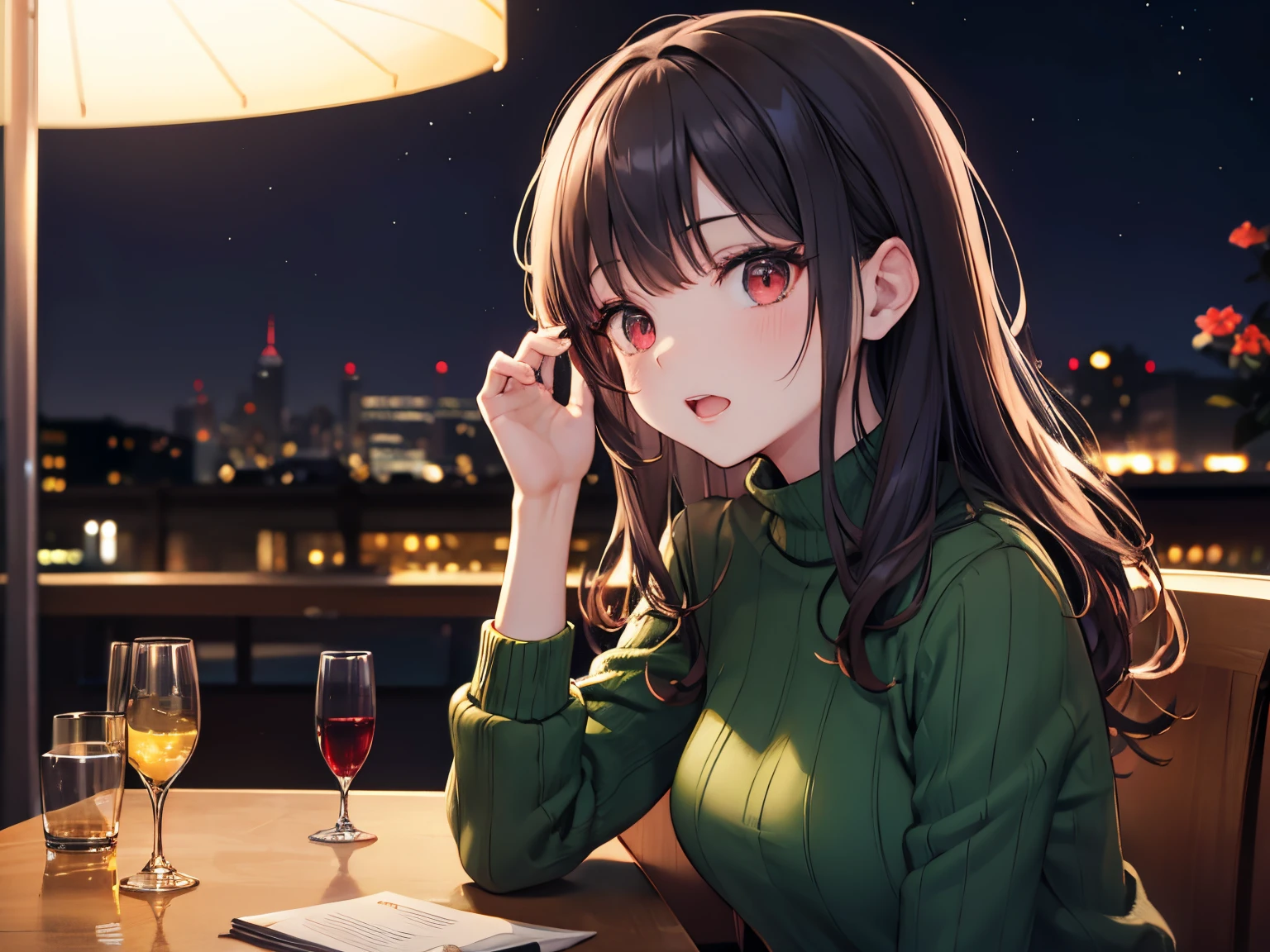 ​masterpiece、top-quality、 A 25-year-old woman with long wavy brown bangs and red eyes.、BREAK Wearing a green knit sweater、BREAK I have a wine glass、disappointed, open mouth, (Staring:1.5)、sitting on、The background is a restaurant at night、Upper body is shown、Alone、