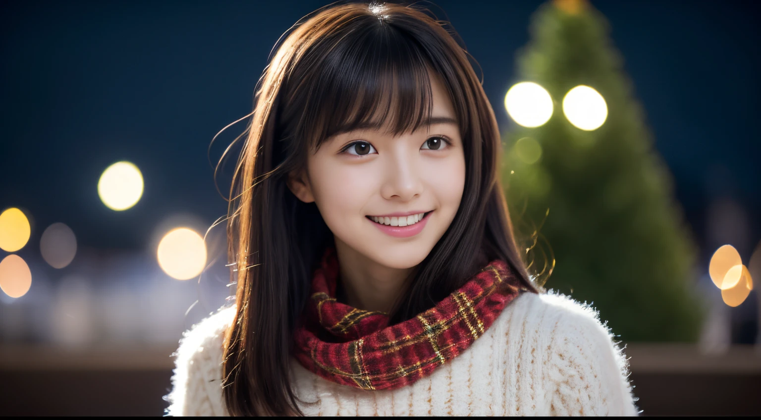 1girl in, 18year old、Gravure model for Japan, (cute little, a beauty girl,profile:1.2),Profile 1.1、Modest big,  𝓡𝓸𝓶𝓪𝓷𝓽𝓲𝓬, (Please look up at the big Christmas tree in the night sky and pray..:1.5)、(A night town with beautiful Christmas illuminations:1.4), (fluffy white wool sweater:1.ink scarf:1.2), (Green Plaid Pleated Skirt),　beautiful christmas city background、   A dark-haired、Pray、A smile、 Best Quality, hight resolution, Detailed skin, Detailed face and eyes, Hi-Res, Natural lighting, Perfect Anatomy, Physically-based rendering, Photorealistic, symmetric clear eyes, Well-groomed face,Teenage girl, Perfect figure, Transparency, hposing Gravure Idol,