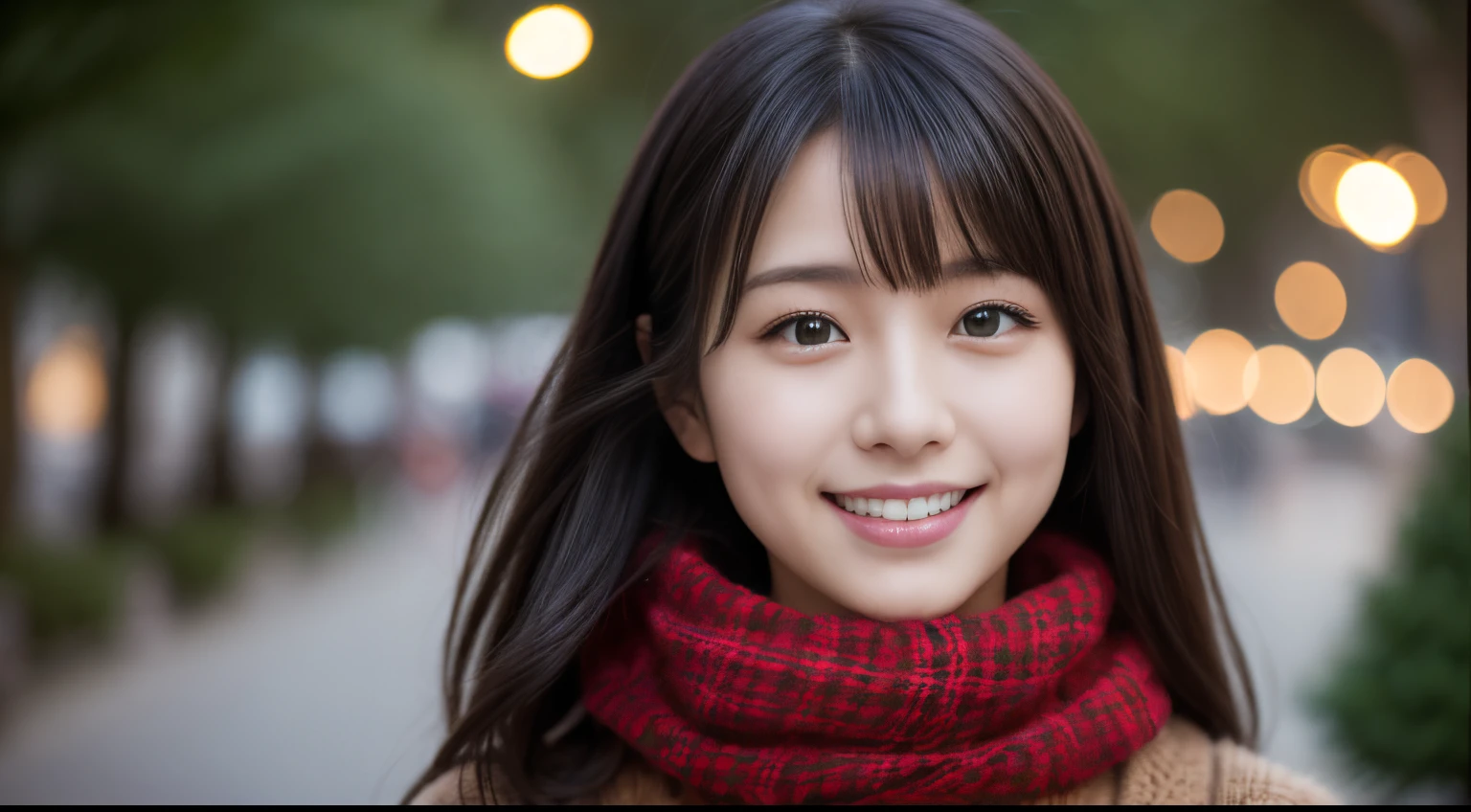 1girl in, 18year old、Gravure model for Japan, (cute little, a beauty girl,profile:1.2),Profile 1.1、Modest big,  𝓡𝓸𝓶𝓪𝓷𝓽𝓲𝓬, (Look up at the big Christmas tree and pray:1.5)、(A town with beautiful Christmas illuminations at night:1.3), (fluffy white wool sweater:1.2),  red scarf, (Green Plaid Pleated Skirt),   A dark-haired、Pray、A smile、 Best Quality, hight resolution, Detailed skin, Detailed face and eyes, Hi-Res, Natural lighting, Perfect Anatomy, Physically-based rendering, Photorealistic, symmetric clear eyes, Well-groomed face,Teenage girl, Perfect figure, Transparency, hposing Gravure Idol,